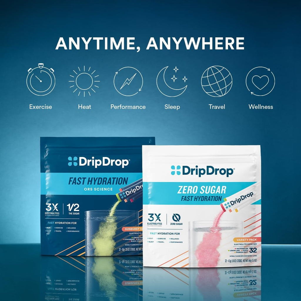 DripDrop Sunburst Variety Pack Electrolyte Powder, 8 oz sticks, 32 count