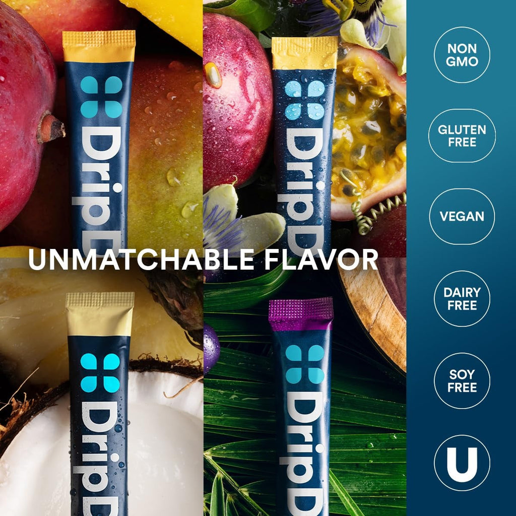 DripDrop Tropical Variety Pack Electrolyte Powder, 8 oz sticks, 16 count