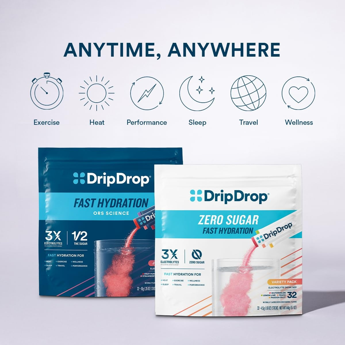 DripDrop Zero Sugar Cherry Limeade Electrolyte Powder, 8 oz sticks, 32 count