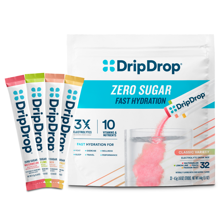 DripDrop Zero Sugar Classic Variety Pack Electrolyte Powder, 8 oz sticks, 32 count